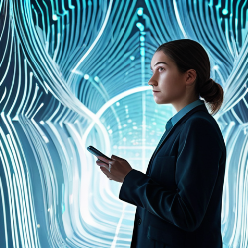 Home 6 An individual in professional, modest business attire, standing thoughtfully within a futuristic, minimalist digital environment. Translucent, glowing data streams and abstract network patterns surround the person, symbolizing the pervasive nature of AI and complex data flow. The person's expression conveys deep contemplation on the ethical implications of technology, human dignity, and data privacy in the digital age. The scene is bathed in soft, ambient light, creating a serene yet thought-provoking atmosphere. Fully clothed, appropriate attire, professional dress, perfect anatomy, correct proportions, natural pose, well-formed hands, proper finger count, natural body proportions, professional photography, high quality, safe for work, appropriate content, family-friendly.