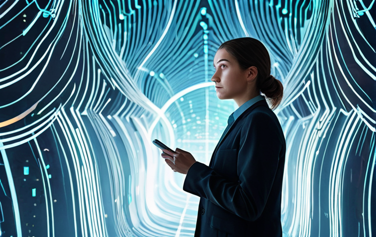 An individual in professional, modest business attire, standing thoughtfully within a futuristic, minimalist digital environment. Translucent, glowing data streams and abstract network patterns surround the person, symbolizing the pervasive nature of AI and complex data flow. The person's expression conveys deep contemplation on the ethical implications of technology, human dignity, and data privacy in the digital age. The scene is bathed in soft, ambient light, creating a serene yet thought-provoking atmosphere. Fully clothed, appropriate attire, professional dress, perfect anatomy, correct proportions, natural pose, well-formed hands, proper finger count, natural body proportions, professional photography, high quality, safe for work, appropriate content, family-friendly.