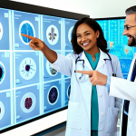 AI in Healthcare**

"A diverse group of doctors and scientists collaborating around a holographic display showing complex medical data, powered by AI. They are smiling and pointing at the data, showcasing a breakthrough. Modern hospital setting, clean and bright. Focus on hope and progress. Fully clothed, professional attire, safe for work, perfect anatomy, natural proportions, high quality, family-friendly."

**
