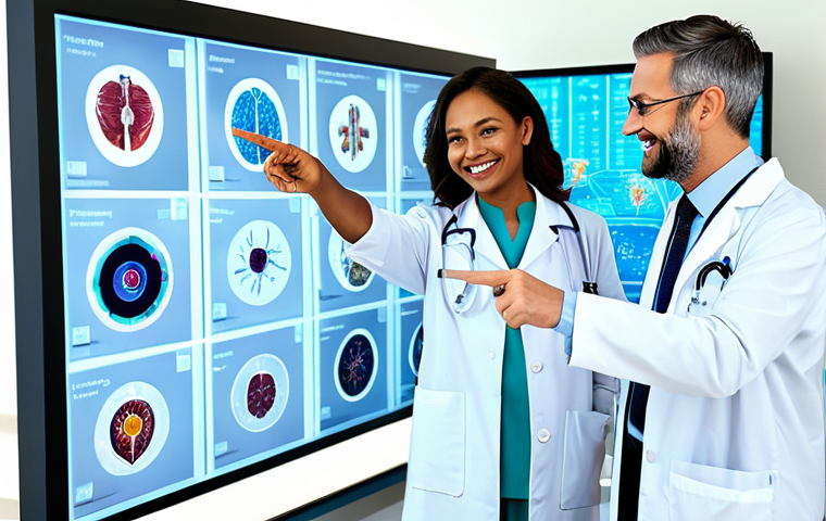 AI in Healthcare**
"A diverse group of doctors and scientists collaborating around a holographic display showing complex medical data, powered by AI. They are smiling and pointing at the data, showcasing a breakthrough. Modern hospital setting, clean and bright. Focus on hope and progress. Fully clothed, professional attire, safe for work, perfect anatomy, natural proportions, high quality, family-friendly."
**