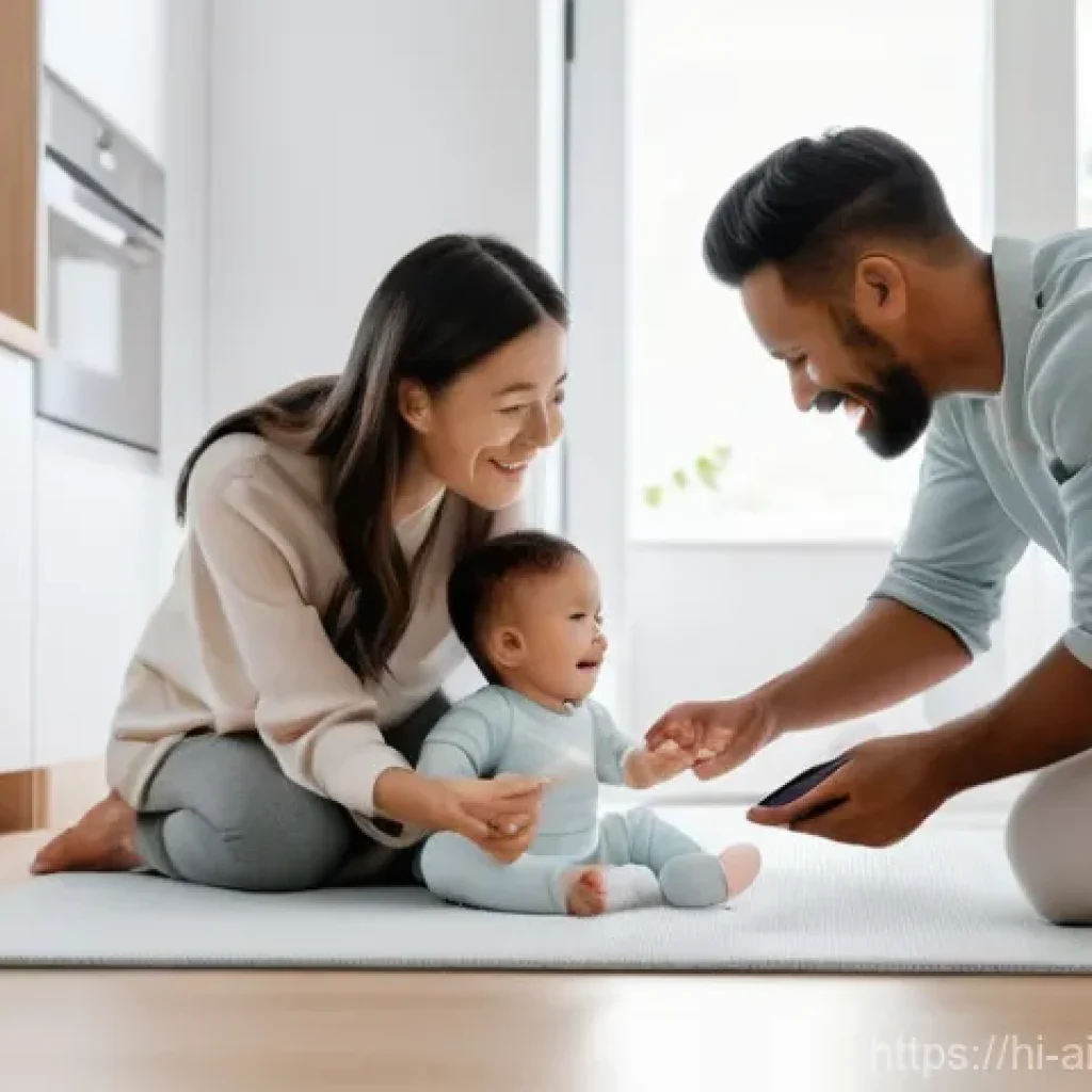 AI 윤리와 AI 감시 체계 - **Prompt:** A heartwarming scene in a modern, light-filled smart home. A young family, including a s...