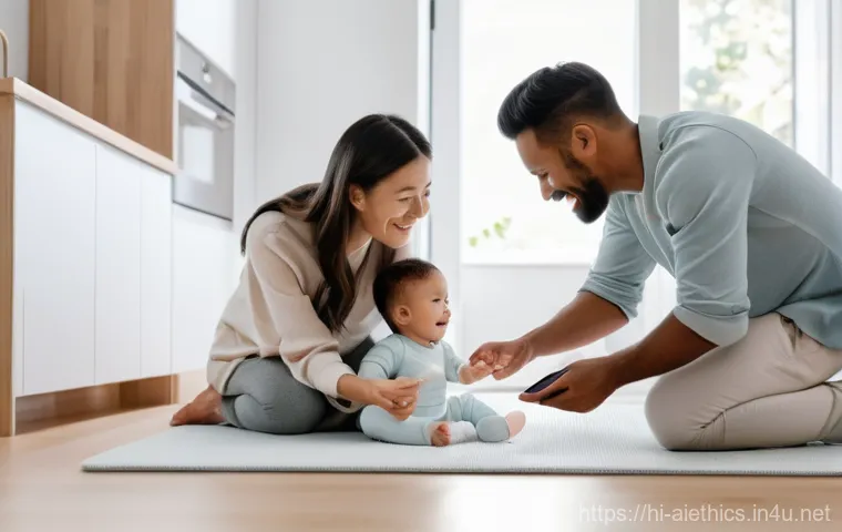 AI 윤리와 AI 감시 체계 - **Prompt:** A heartwarming scene in a modern, light-filled smart home. A young family, including a s...