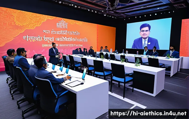 AI 윤리와 AI 규제 기관 - A professional conference scene set in India featuring diverse Indian professionals discussing AI et...