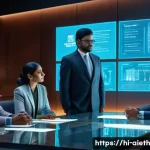 AI 윤리와 로봇 윤리 - A futuristic AI decision-making scene showing a diverse group of Indian professionals in traditional...
