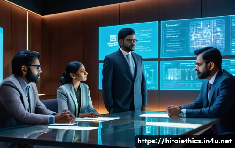 AI 윤리와 로봇 윤리 - A futuristic AI decision-making scene showing a diverse group of Indian professionals in traditional...