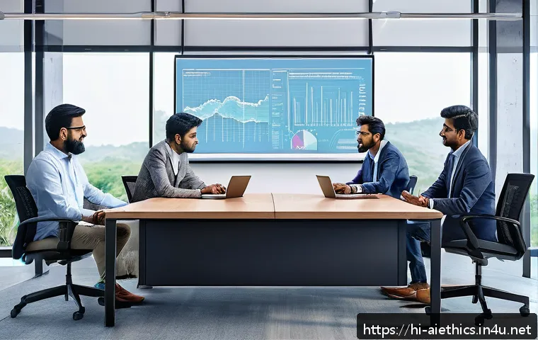 AI 윤리와 AI 사용 가이드 - A diverse group of Indian professionals in a modern office setting discussing AI ethics and social r...