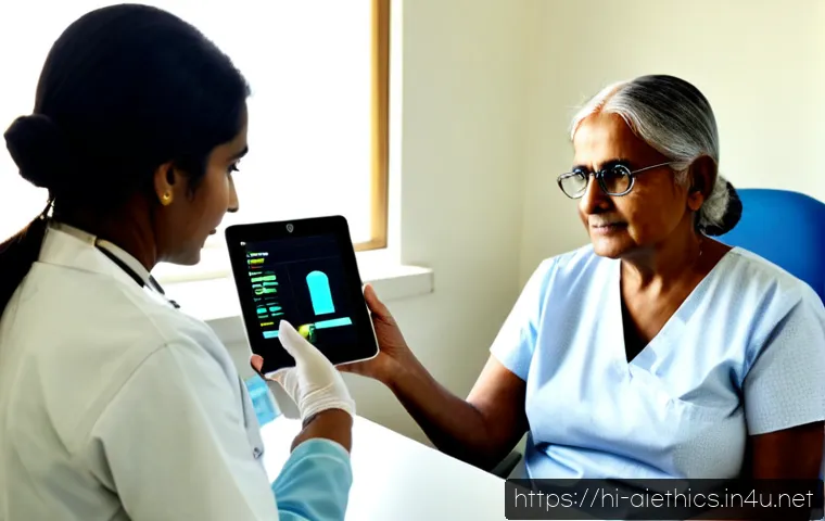 AI 윤리와 의료 AI - Photorealistic Indian hospital consultation room, a compassionate Indian female doctor and an elderl...