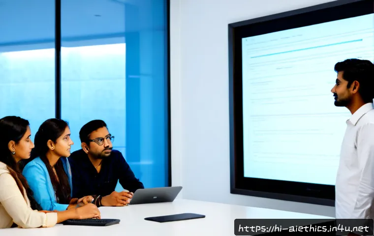 AI 윤리와 책임 있는 AI - Photorealistic scene of a diverse Indian technology ethics team gathered around a clean modern table...